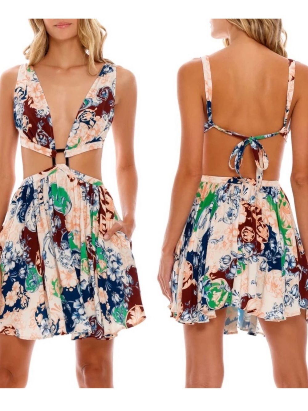 Agua Bendita Gillian Cardumen Mini Dress Cream Blue Boho Floral Cutout Size m - Picture 2 of 15